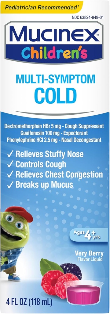 Mucinex Alivio Frío Multi-Síntoma para Niños Alivio Líquido- Alivia la nariz suave, Congestión de pecho, Tos &amp; Mucus, Sosorante &amp; Tos Supresor con Dextromethorphan, Guaifenesin, Fenilefrina, 4 oz.