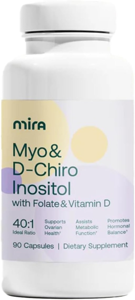 MIRA PCOS Suplemento, Myo Inositol & D-Chiro Inositol 40:1 Ratio, Ayuda a promover el equilibrio hormonal y apoyar el metabolismo de la salud ovárica, 90 cápsulas (30 servidos), 1 botella