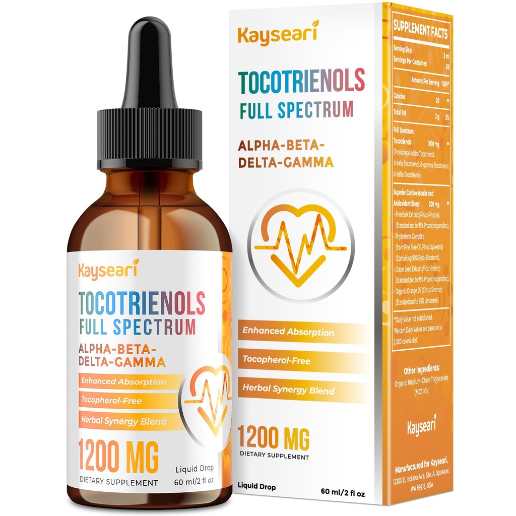 Espectro completo de tocotrienols Suplemento 1200mg- Tocotrienol Vitamina E Liquid,Tocopherol-Free - Superior Antioxidante Blend - Absorción superior - 2 fl oz,30 Servings