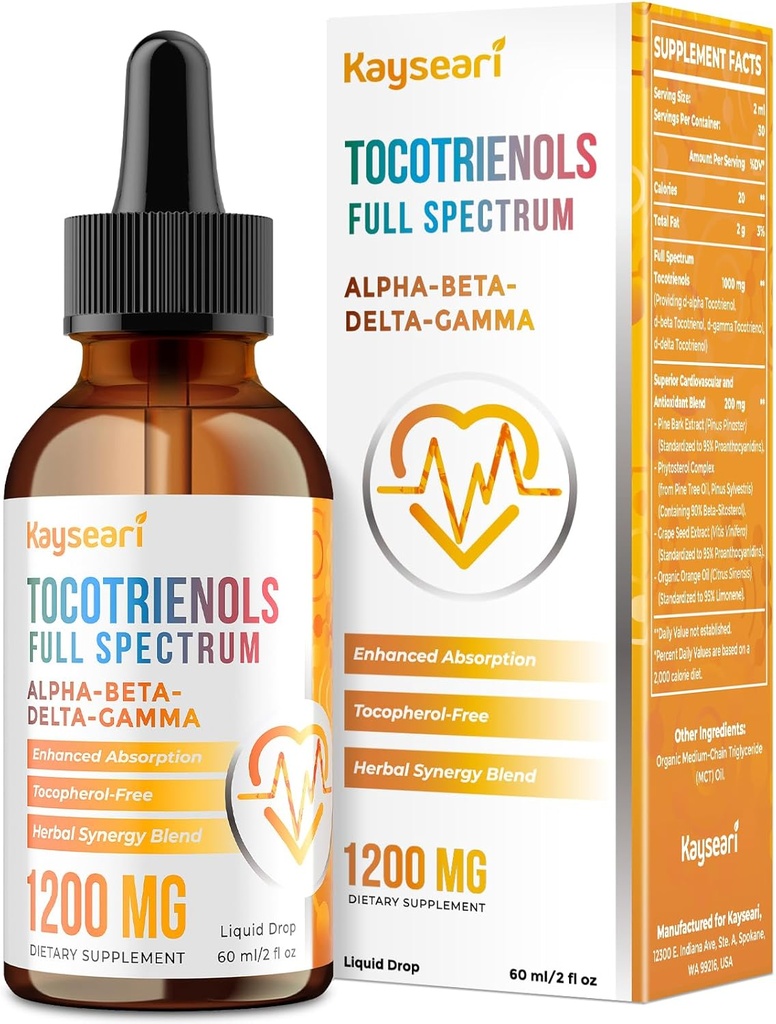 Espectro completo de tocotrienols Suplemento 1200mg- Tocotrienol Vitamina E Liquid,Tocopherol-Free - Superior Antioxidante Blend - Absorción superior - 2 fl oz,30 Servings