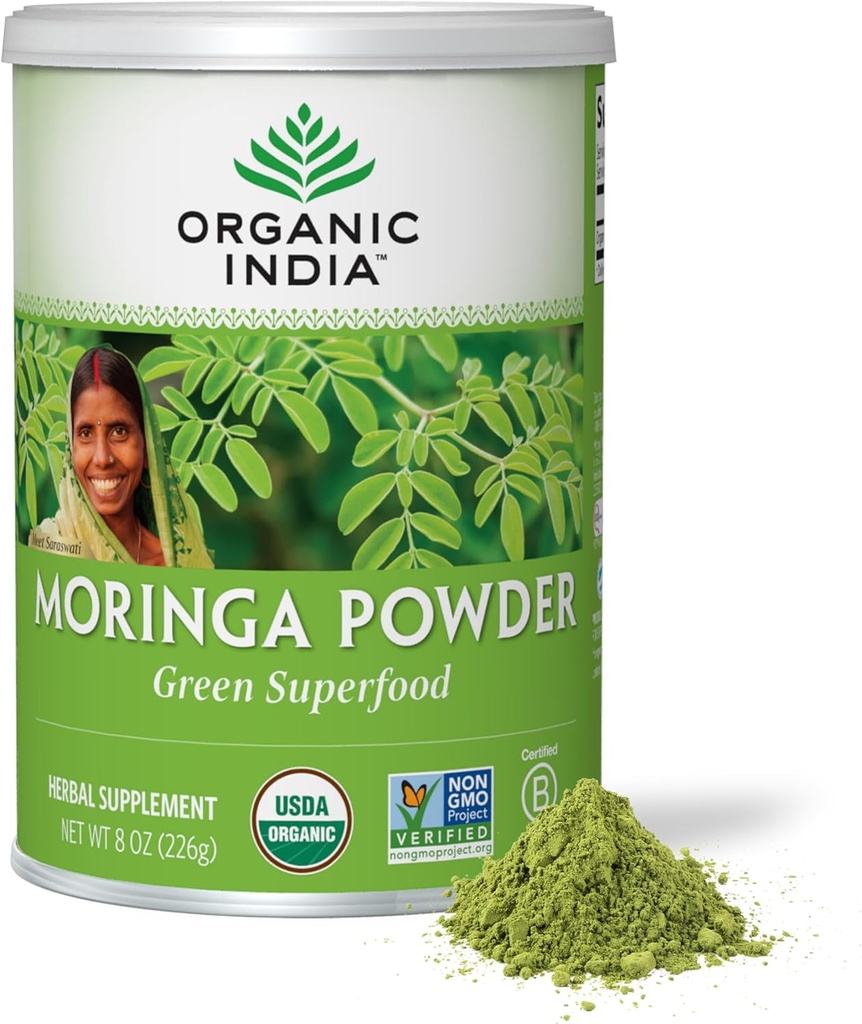ORGANIC INDIA Moringa Powder - Moringa Oleifera Leaf Suplemento herbario, Superalimentos Verdes, Dense Nutriente, Proteína vegetal pura, Vitamina A, E, K, Iron, Calcio, Fibra, Vegan, USDA Orgánica certificada - 8 oz