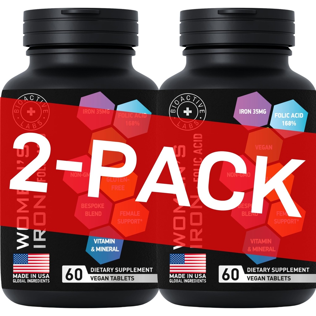 Suplementos de hierro vegano para mujeres con ácido fólico - 168% Ácido fólico fólico, 194% Constructor de sangre sulfato ferroso con anemia y mujeres embarazadas - 2-Pack, 120 Tablas de hierro sin gluten