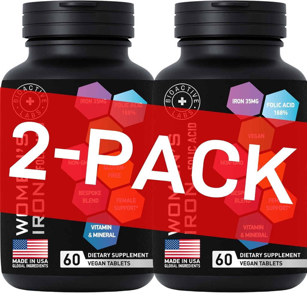 Suplementos de hierro vegano para mujeres con ácido fólico - 168% Ácido fólico fólico, 194% Constructor de sangre sulfato ferroso con anemia y mujeres embarazadas - 2-Pack, 120 Tablas de hierro sin gluten