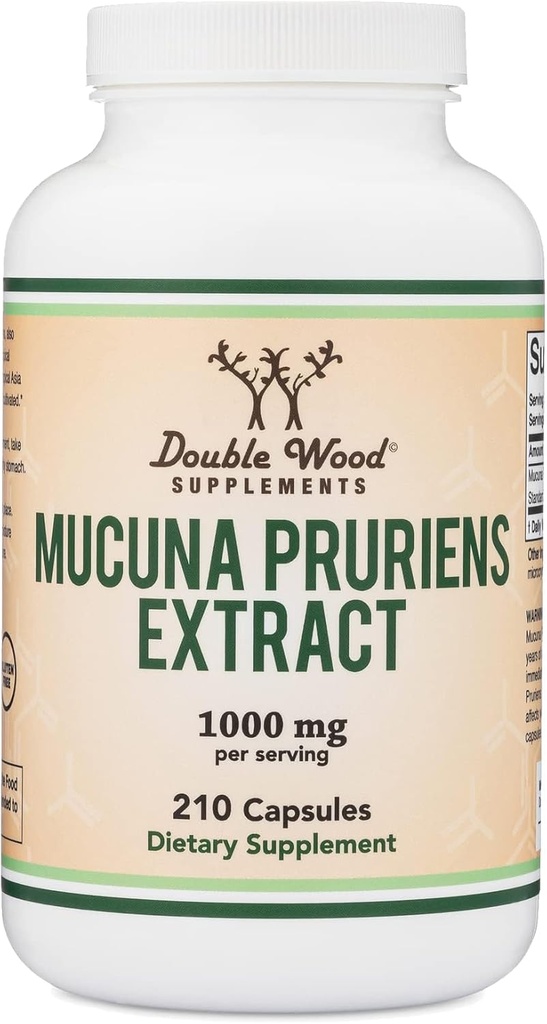 Mucuna Pruriens Extract Capsules - Dopamine Boosting Suplemento - 210 Conde, 1000mg Por Serving, 20% (de Velvet Bean) (para Mood y Motivation Support) Tercera Parte Probada por Madera Doble