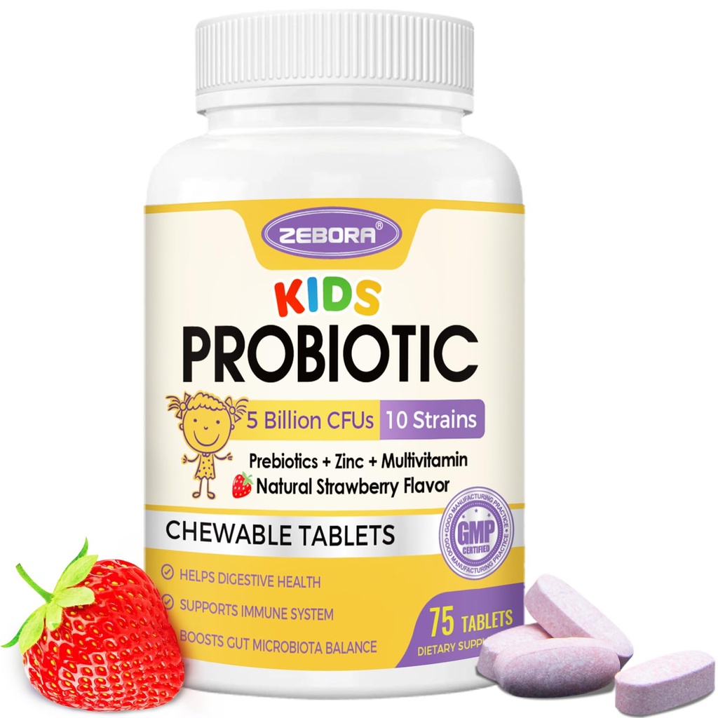 Niños Probióticos para Salud Digestiva con 5 millones de UF, Prebióticos y Probióticos para Niños para Salud Gut, Apoyo Inmunitario, Absorb Nutriente, Vitamina C, Zinc, 75 Servimientos