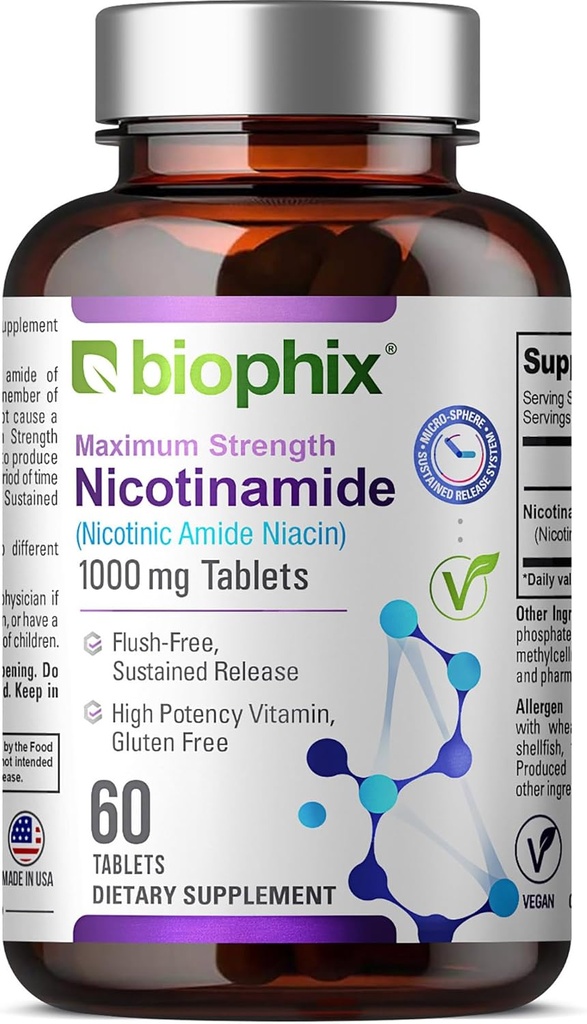 biophix B-3 Nicotinamide 1000 mg 60 Tablets Extra Strength Timed Release - Nicotinic Amide Niacin Natural Flush-Free Vitamina Fórmula - Supports Skin Cell Health