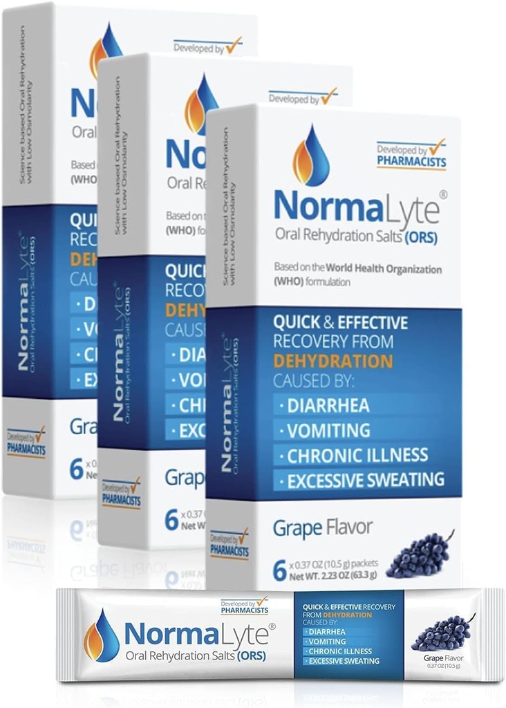 NormaLyte Oral Rehydration Salts-18 Sticks Packs (Yields 500mL por Pack)-Grapes eterna Energy Supplements, Potassium Supplement, Dehydration Recovery y Quick Absorption