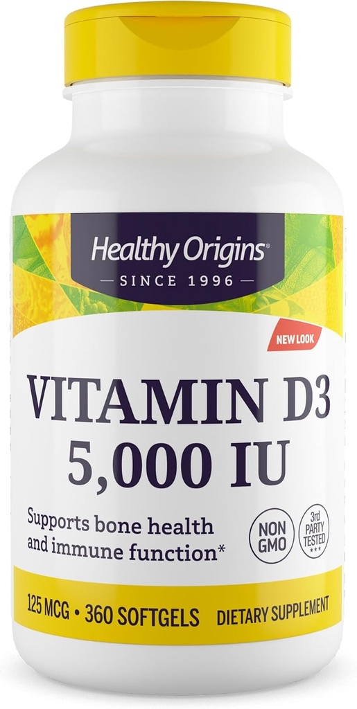 Orígenes saludables Vitamina D3 (Lanolina) 5.000 UI Softgel - Sanidad ósea y apoyo inmunológico Suplemento - Suplementos fácilmente absorbibles de vitamina D - Vitamina libre de gluten D3 Suplemento - 360 Softgels