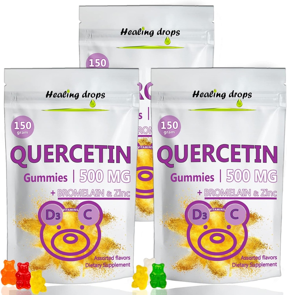 Quercetina con bromelaina Gummies - Vitamina C + Zinc + Vitamina D3 - Quercetina 500mg Gummies para niños y adultos (3 Packs)