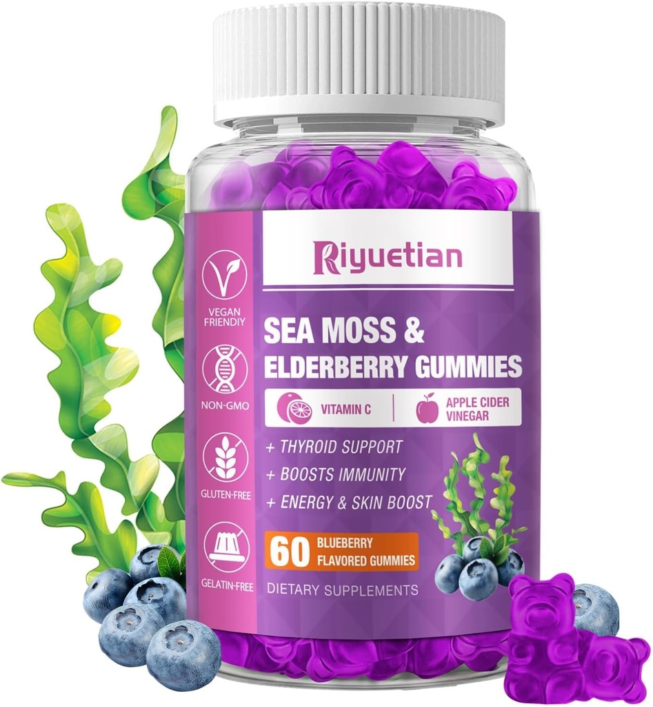 Sea Moss Gummies " Elderberry - Vitamina C + Zinc – Strength Immune " Thyroid Support Booster Gummy Bears for Kids " Adults - 60 Natural Seamoss Gummies