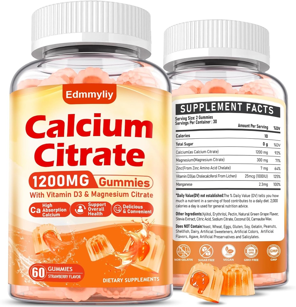 Calcio Citrato Suplemento Gummies para Adulto - Azúcar Citrato de Calcio Gratuito 1200 Mg con Magnesio 300 Mg &amp; Vitamina D3 - Suplementos de calcio orgánicos Chewable para Mujeres y Hombres