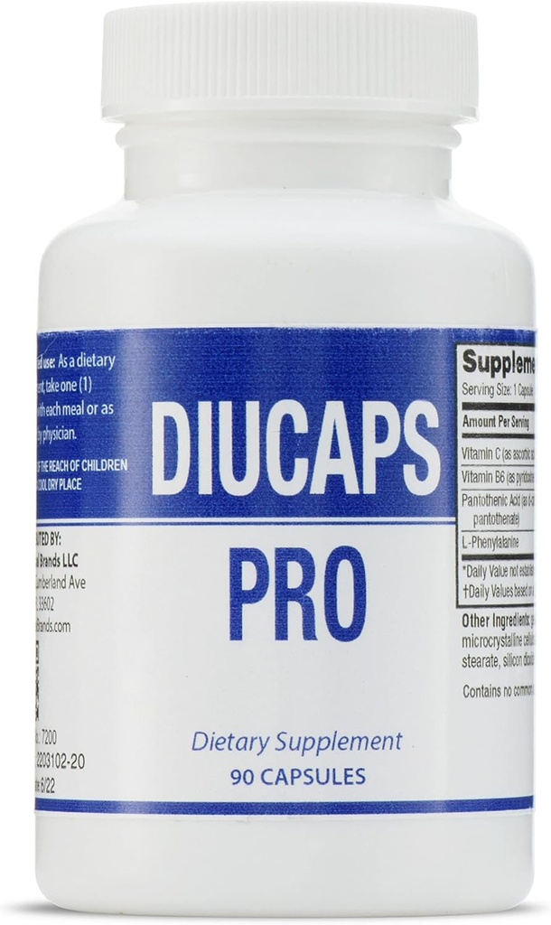 DIUCAPS PRO 90 Capsules - Vitamins and Amino Acids. C, B5, B6, L Phenylalanine. Manufactured by Legere Pharmaceuticals for ES Global Brands.