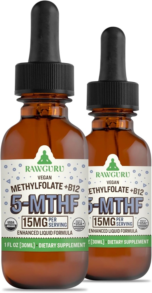 RawGuru L-Methylfolate 15 mg + Vitamina B12 - Organic Vegan Methylated B12 with Trace Minerals - Nano-procesado &amp; Enhanced Liquid Formula - 300 Servimientos Gotas Veganas por 30 ml, Pack de 2
