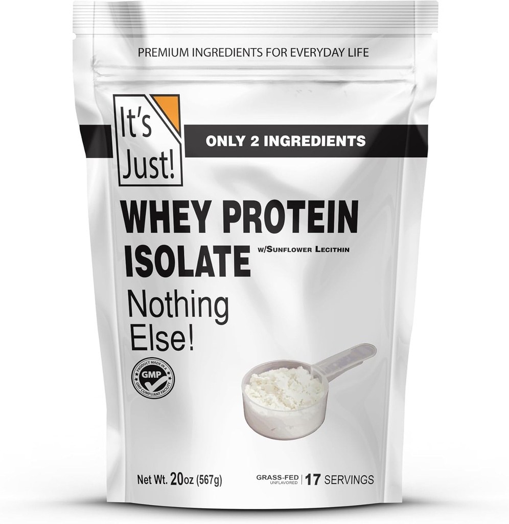 ¡Es justo! - Whey Protein Isolate, Ultra Premium Grass-Fed, Desflavored, Made in USA, Puro 90% Protein, Sólo 1g Carb, No Añadido Sugar (1,25 libras)