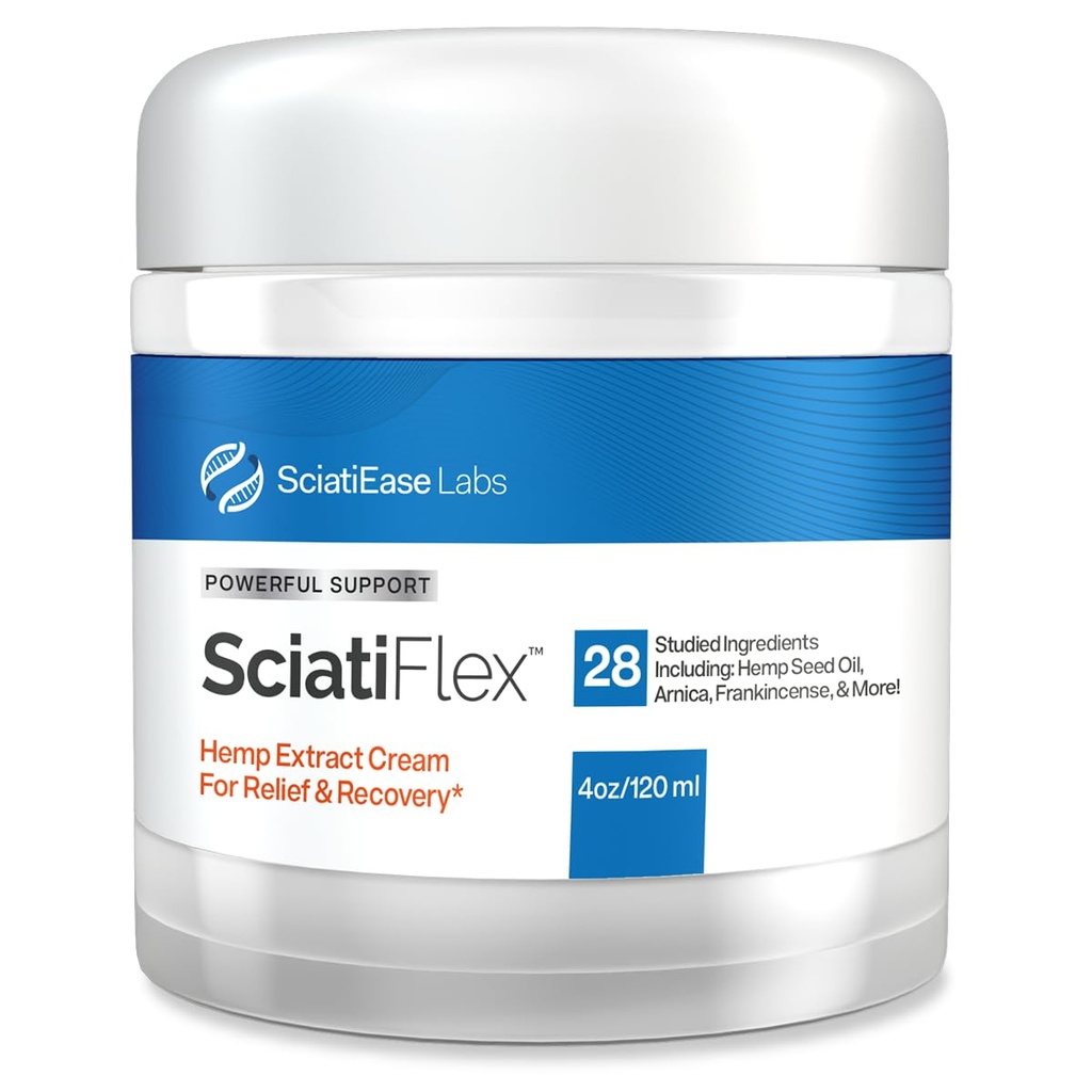 SciatiFlex Crema ciática tópica - Fuerza máxima para el trastorno nervioso ciático en la espalda baja, caderas, nalgas, piernas y pies - Crema de cáñamo con extracto de arnica, manteca de karité, aloe Vera - 4oz