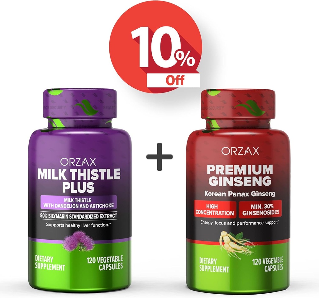 ORZAX Milk Thistle Plus 120 Vegatable Capsules y Premium Ginseng 120 Vegatable Capsules, Bundle