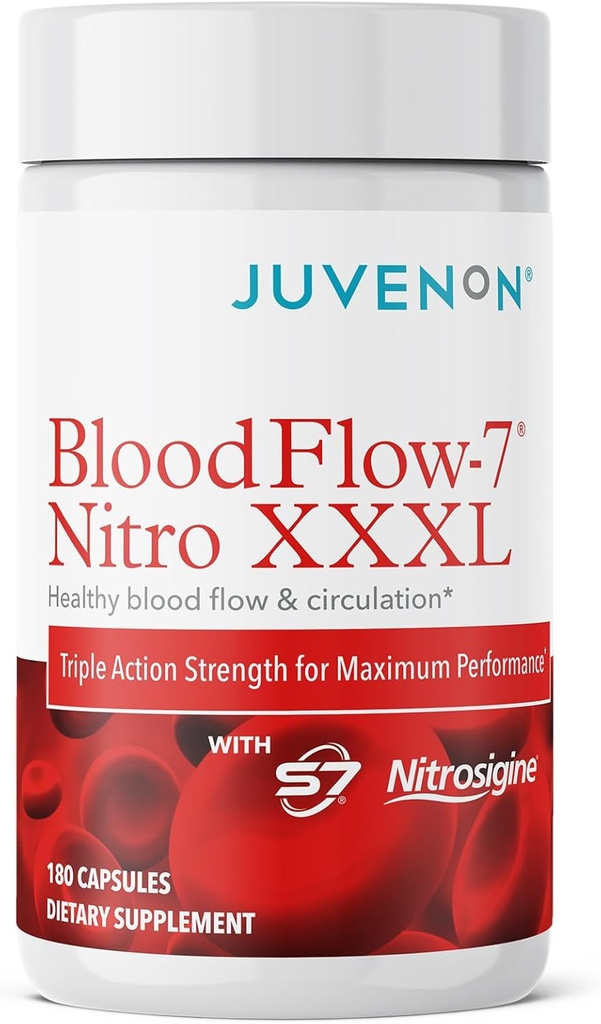 Juvenon BloodFlow-7 Nitric Oxide Suplemento con Nitrosigine - Fórmula Mejorada para la Absorción Máxima - Booster de Circulación, Presión de Sangre, Apoyo Colesterol (180 Cuenta (Pack de 1))