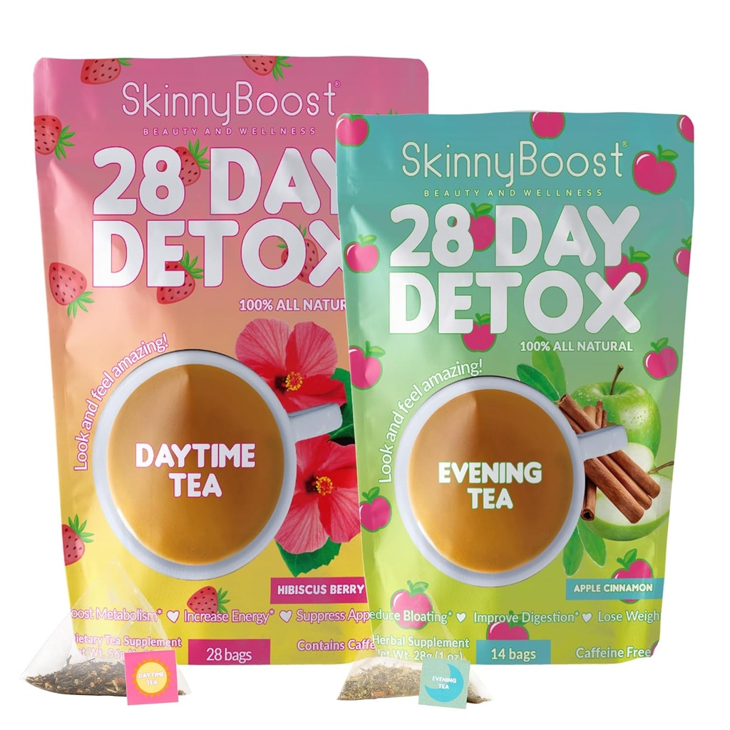 SkinnyBoost 28 Day Detox Tea Kit-1 Daytime Hibiscus (28 Bolsas) 1 Evening Apple Cinnamon(14 Bolsas) Non GMO, Vegan, All Natural, Green Tea and Herbal Teas for Natural Detox and Cleanse, Reduce Bloating