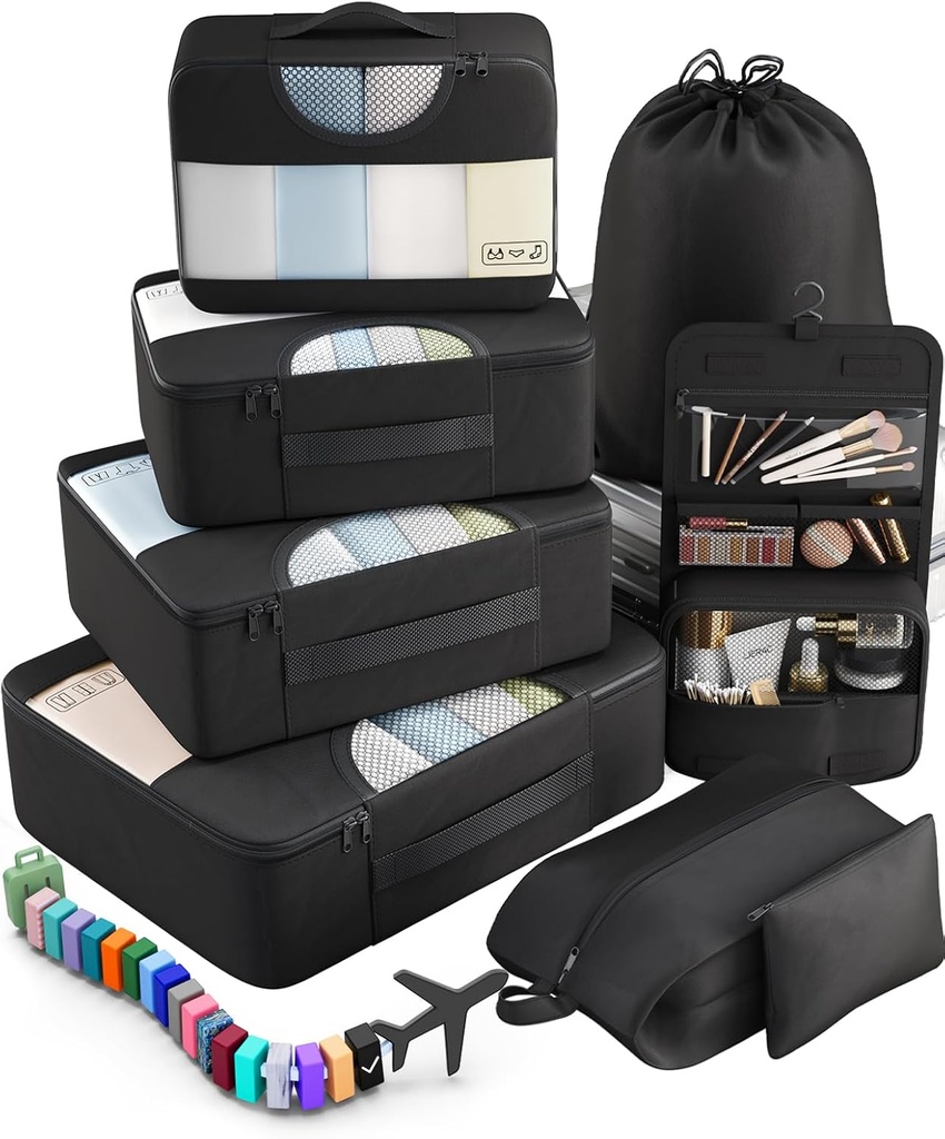 Veken 10 Set/8 Set Packing Cubes for Travel Essentials, Suitcase Organizer Bags in 4 Sizes, Carry-On Luggage Accessories with Large Laundry & Toiletry Bag, Must-Have for Airplane, Road Trip & Camping
