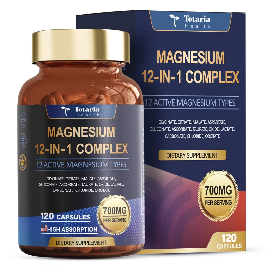 Complejo de magnesio Totaria 700mg 12 en 1 Suplemento de magnesio con citrato de gecinato óxido de malate Taurate Aspartate Orotate Magnesium Relax,Muscle,Heart Support, Vegan 120 cápsulas