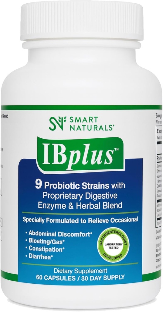 IBplus® Probiotic, Digestive Enzyme & Herbal Blend, Mejorado Fórmula-60 Capsules! para Irritable Bowel - Dolor Abdominal, Estreñimiento, Diarrea, Gas/Bloating –Fórmula privilegiada por Smart NaturalsTM