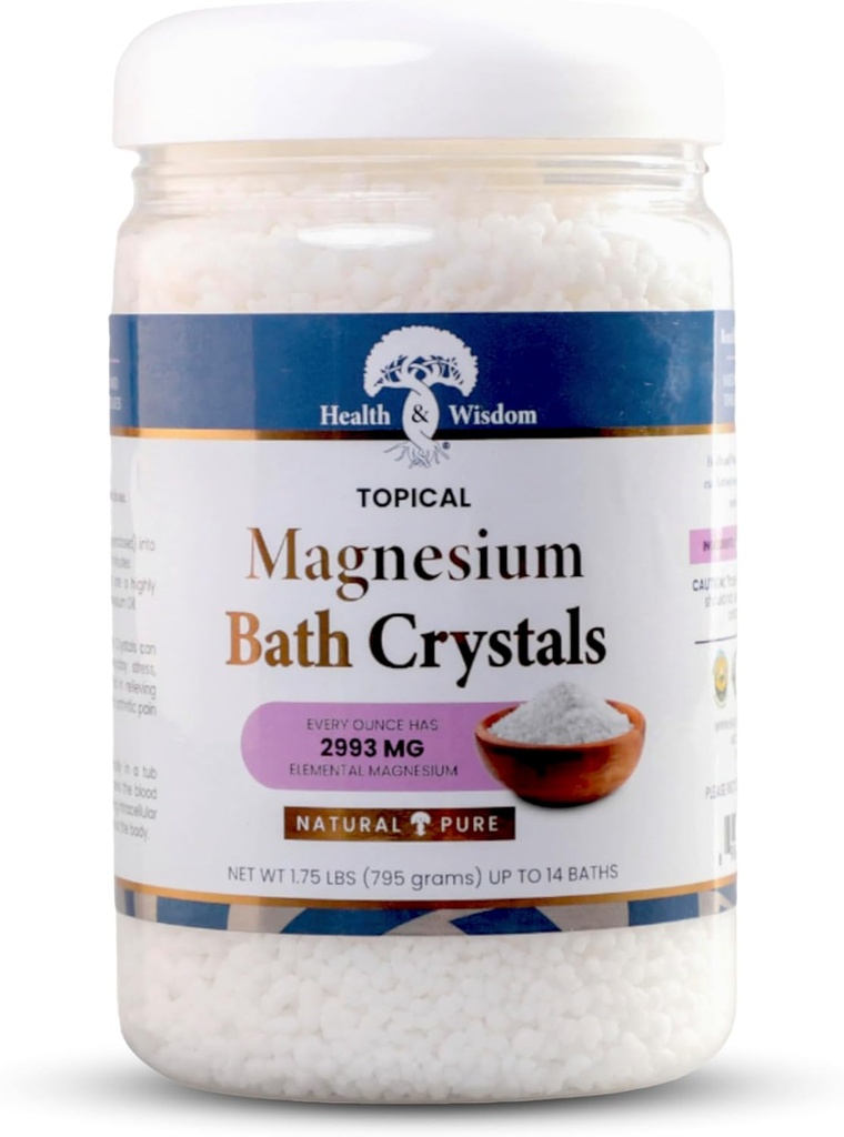 Cristales de baño de magnesio de salud y sabiduría - Salinas de baño con alta concentración " Ausorción mejorada para el músculo " Alivio Conjunto - Mar Muerto Fuente - Unscented - 1,75 lbs - Hasta 14 Usos