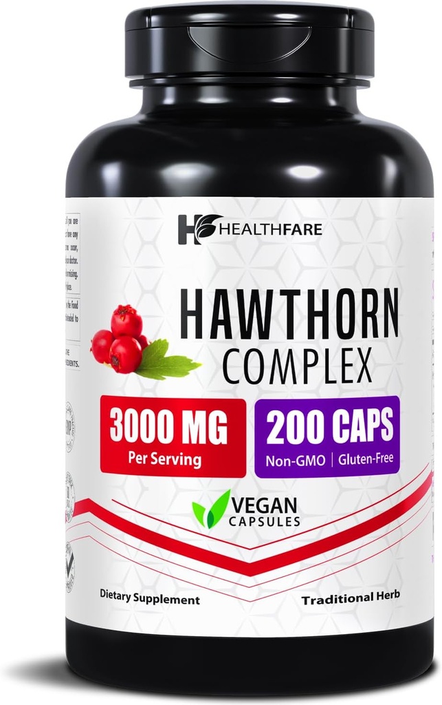Healthfare Hawthorn Berry Supplement Extract 3000mg ← Extra Strength Herbal Fórmula Silencio 200 Vegan Capsules ← Apoya Heart " Circulatory Health ← Non-GMO, Gluten-Free TEN Made in USA