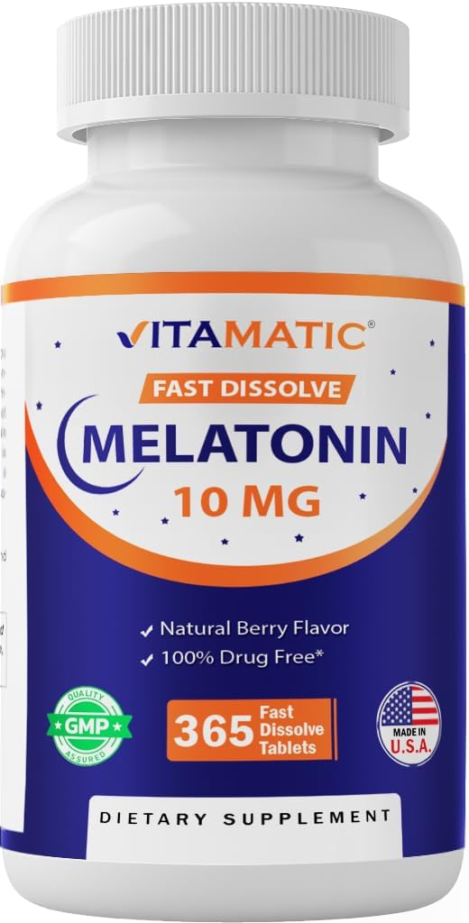 Vitamatic Melatonin 10 mg Tablets ← Vegetariano, No GMO, Libre de gluten Silencio 1-Año de suministro ← Natural Berry Flavor - 365 Cuadros