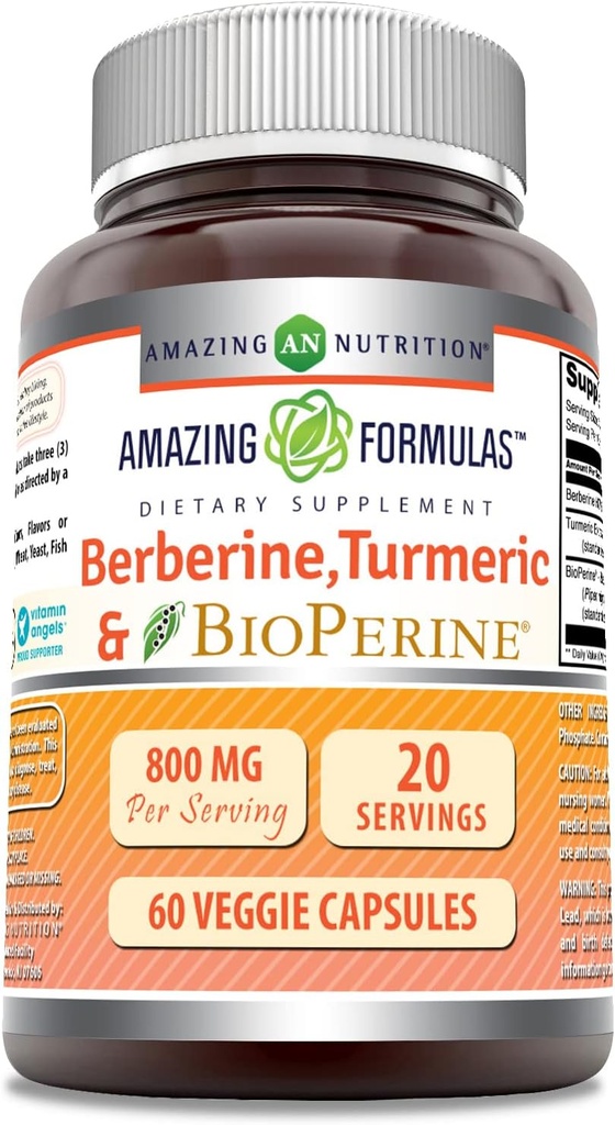 Amazing Fórmulas Berberine Turmeric " Bioperine 800mg Por Serving 60 Veggie Capsules Suplemento No GMO Silencio Gluten Free ← Made in USA ← Ideal para vegetarianos