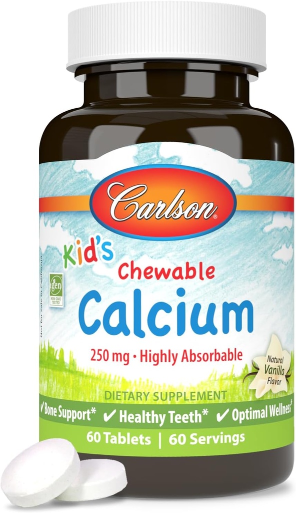 Carlson - Kid's Chewable Calcium, 250 mg, Highly Absorbable, Bone & Teeth Support, Optimal Wellness, Natural Vanilla Flavor, 60 Tablets