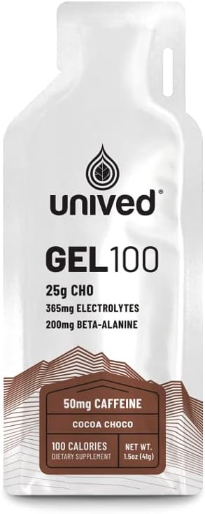 Gel Unived 100 - Gel Vegan Energy para la resistencia Athletes Runners & Cyclists - 100kcal - Cocoa Choco - 50mg Caffeine - Pack de 6