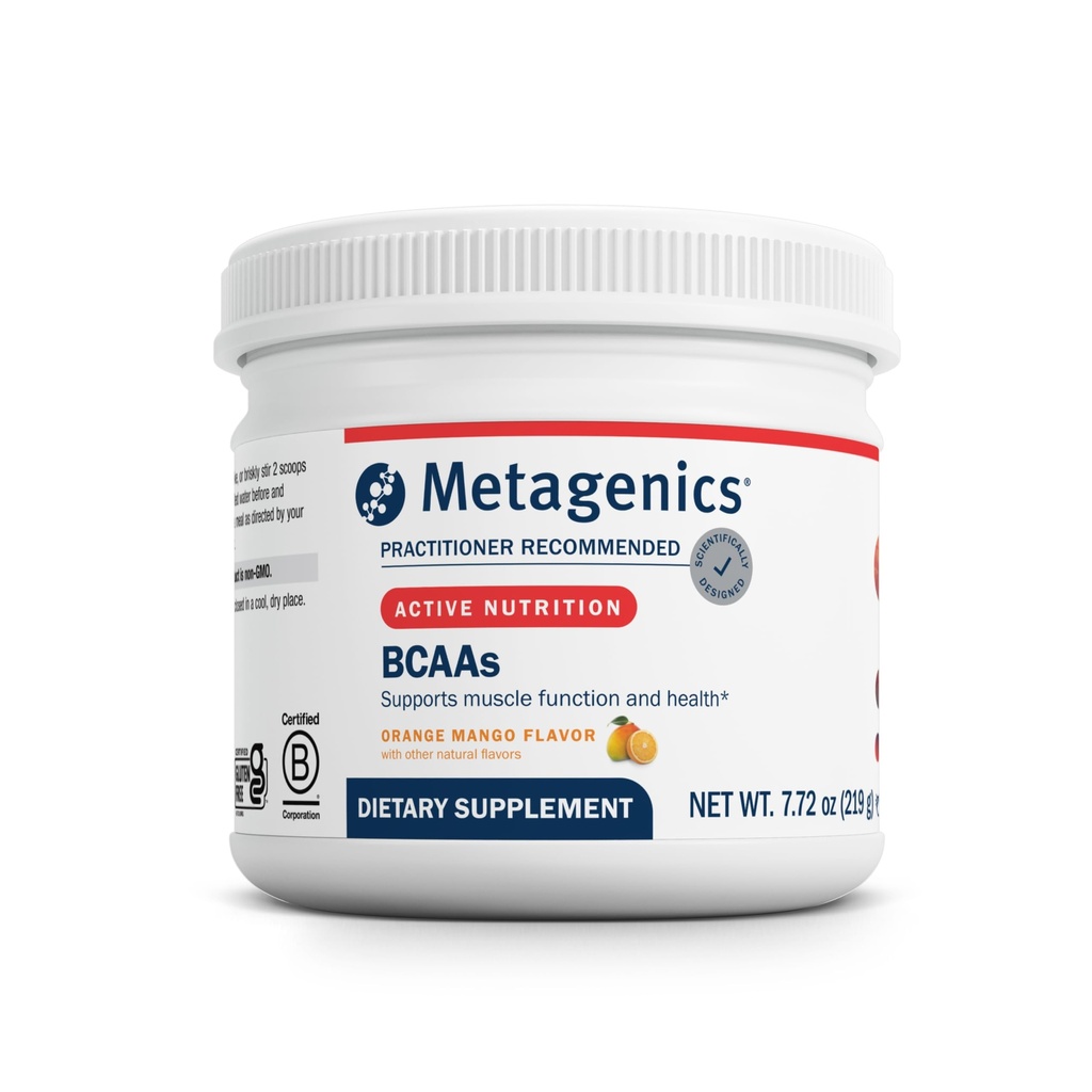 Metagenics BCAAs Powder - Orange Mango Flavor - 2:1:1 ratio de Leucine, Isoleucine &amp; Valine - Apoya la recuperación del músculo, la resistencia y el rendimiento* - Non-GMO, libre de gluten, vegetariano - 30 servicios