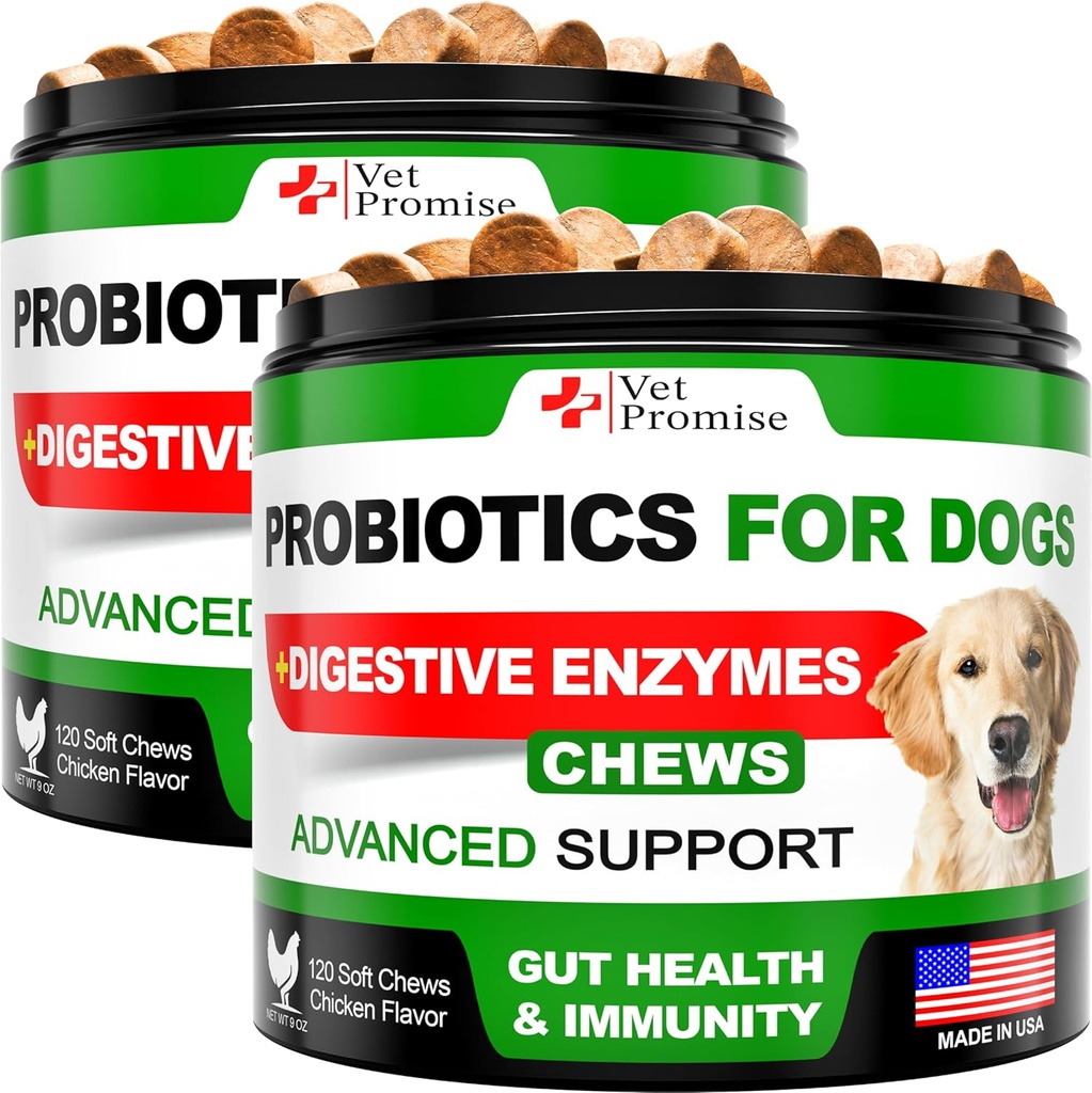 (2 Pack) Probióticos para perros - Probióticos para perros y encimeras digestivas para la salud de las vacas, picazón, alergias, inmunidad, equilibrio de la levadura - Prebióticos - Reducir la diarrea, gas - 240 Vacas probióticas para perros