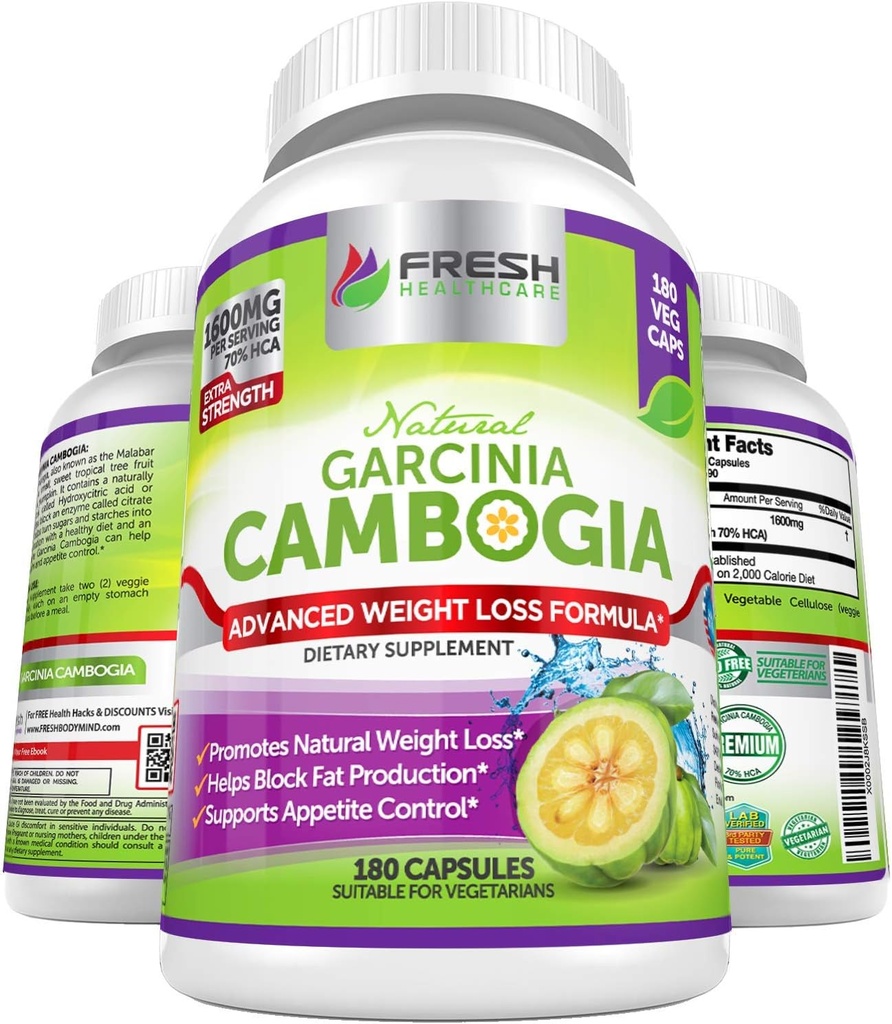 FRESH HEALTHCARE 100% Pure Garcinia Cambogia Extract - All Natural Appetite Suppressant &amp; Weight Management Support - 180 Capsules