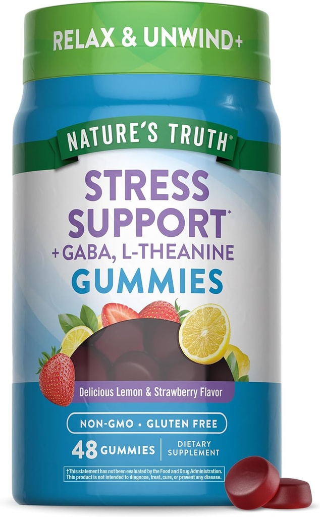 La verdad de la naturaleza Gummies de alivio de estrés para adultos que viven con Gaba, L Theanine y Lemon Balm ← Lemon Strawberry Flavor ← Non-GMO & Gluten Free Supplement
