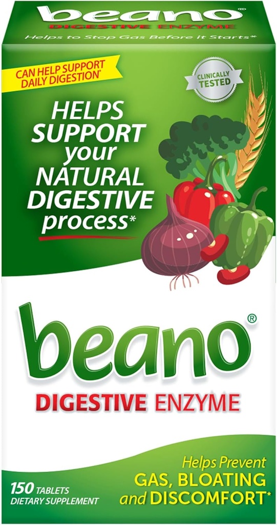 Enzima Digestiva Beano, Alivio de Gas Preventivo para Adultos, Ayuda a prevenir el gas &amp; Bloating, 150 Tablets