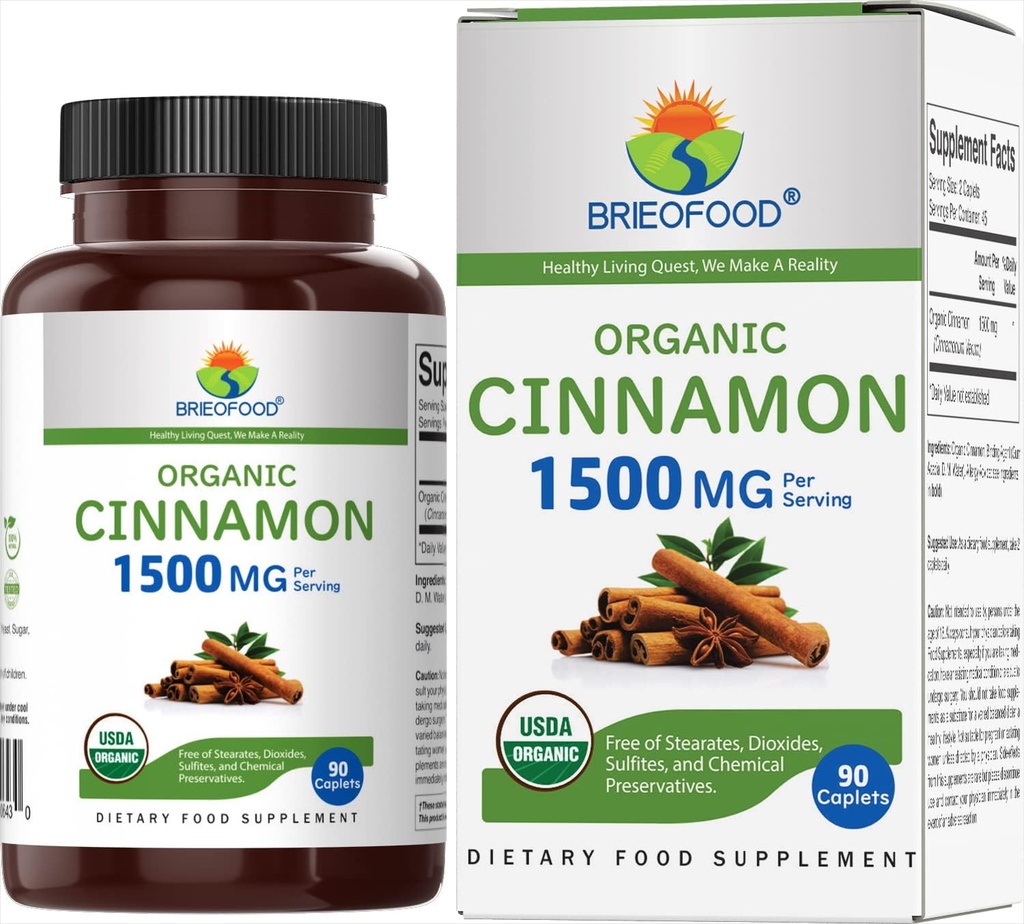 Brieofood Organic Cinnamon 1500mg, 45 Servings, Vegetarian, Gluten Gratis, 90 Tablets Vegetarianos