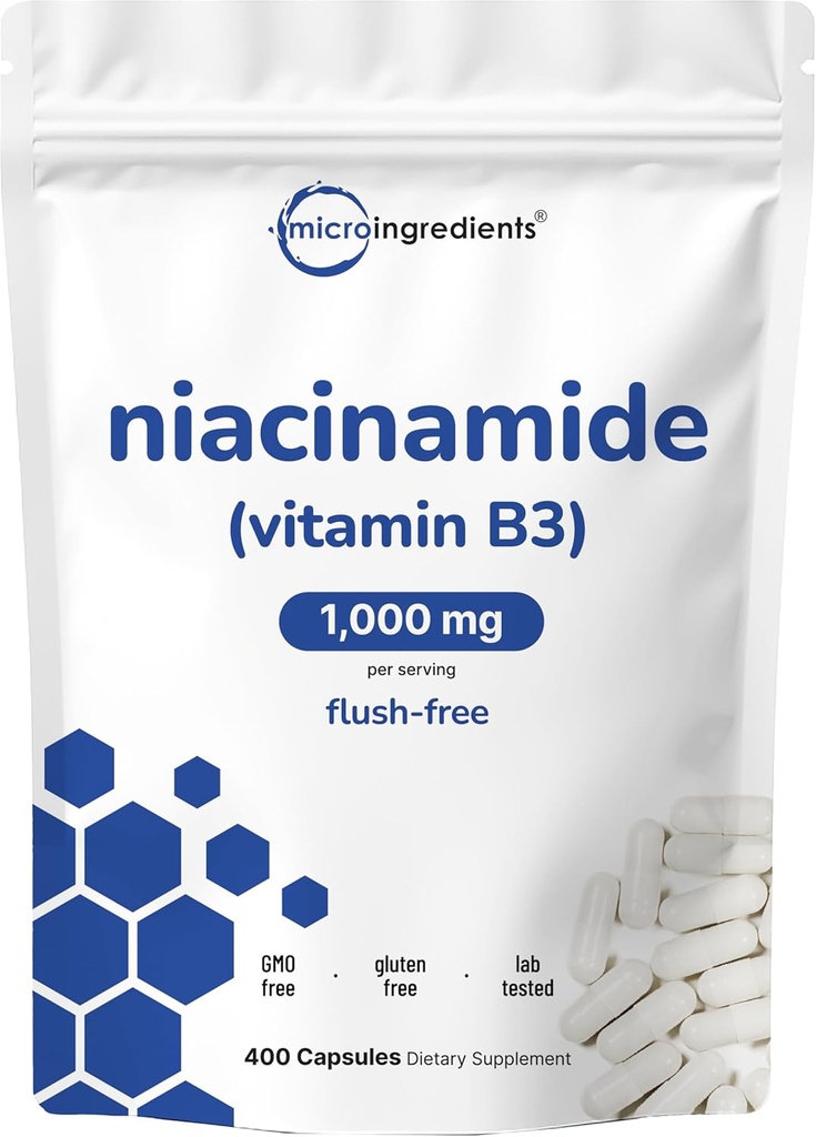 Vitamina B3 Niacinamide 500mg Por Capsule, 400 cápsulas TENIDO 1000mg Flush Free Niacin Por Serving, Essential B Vitamin Supplement ANTE Skin Care Health & Energy Support ← Non-GMO, Gluten Free