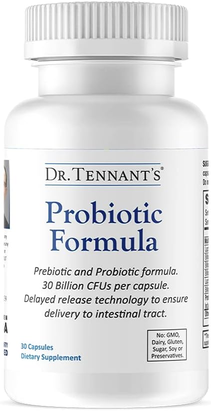 Dr. Tennant's Probiotic Formula with Prebiotics | 30 Billion CFUs | Time-Release, Acid-Resistant, Vegan Capsules | Gluten-Free, Dairy-Free, No Refrigeration Needed