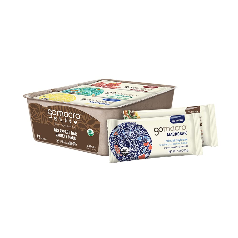 GoMacro Macrobar Bares de Proteína Ecológica Vegan, Desayuno Variedad Pack, 12 Condes