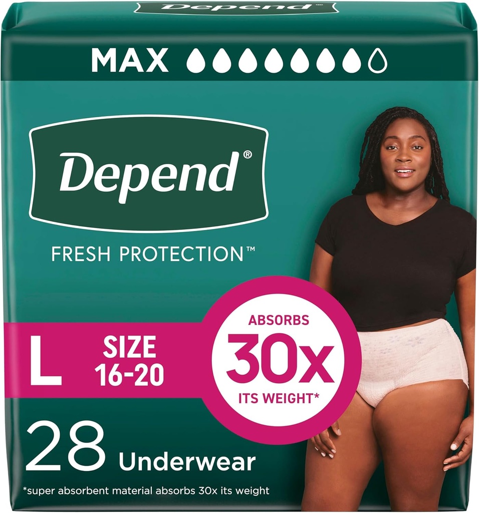 Dependiendo Protección Fresco Adult Diapers, Incontinencia & Postpartum Bladder Leak Ropa para Mujer, Desechable, Máximo, Grande, Blush, 28 Conde, Embalaje Mayo Vary