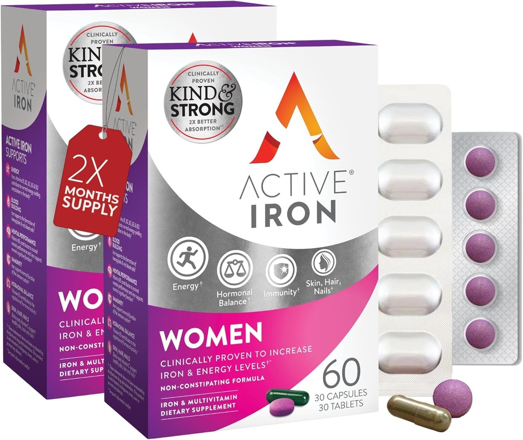 Suplemento de hierro activo 25mg + Multivitamínico para Mujeres – Probado clínicamente para aumentar la energía " Reducir la resistencia – Hierro suave, no exigente + Multivitamina de mujeres – 60 cápsulas + 60 tablas