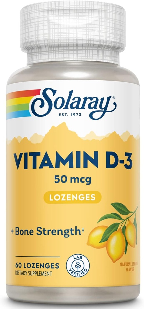 SOLARAY Vitamina D3 Lozenges 50mcg - 2000IU D3 Vitamina - Huesos fuertes, músculo y soporte inmunológico - Sabor natural de limón - Lab Garantía verificada de 60 días - 60 Serviciones, 60 Lozenges