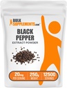 BulkSupplements.com Polvo Extracto Negro - Suplementos de Pepper Negro, Suplementos de Piperina - Vegan & Gluten Gratis, 20 mg por Serving, 250g (8.8 oz) (Pack of 1)