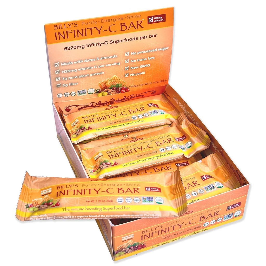 Infinity C Superfood Bares, Healthy Energy Bars con 1125 mg de Whole Food Vitamin C, Immune Boosting Plant Based Ingredients, Camu Camu, Acerola, Amla Powder, & Shilajit, Raw, Gluten Free, Non GMO