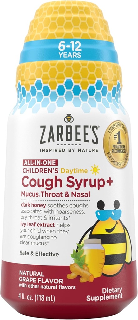 Zarbee's Children's Daytime All-in-One Honey Cough Syrup + Mucus, Throat &amp; Nasal for Kids 6-12 + Dark Honey, Ivy Leaf Extract, Zinc Turmeric Root, &amp; B-Vitamins, Drug-Free, Grape, 4 fl oz
