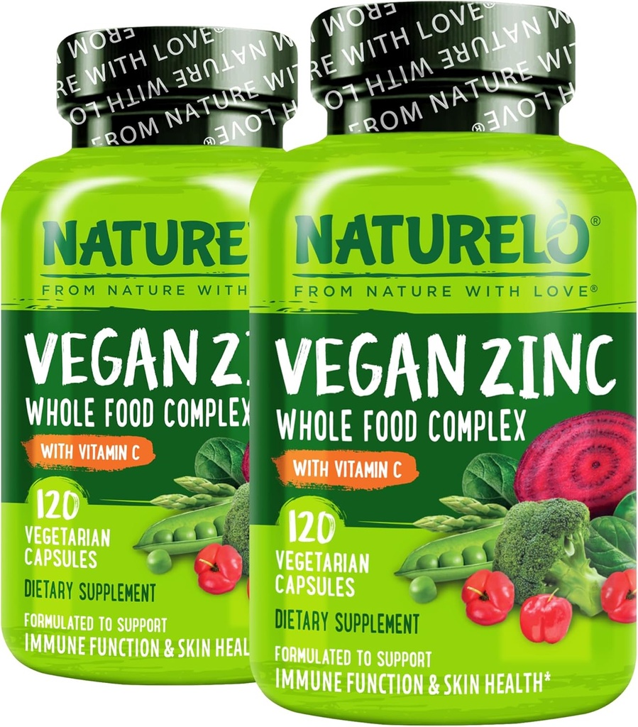 NATURELO Vegan Zinc Immune Support Capsules - Complejo completo de alimentos con vitamina C para la piel sana, el pelo y las uñas - 120 cápsulas (Pack of 2)