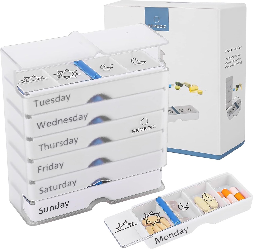 Organizador semanal de píldoras 7 Días AM/PM – 4 Compartimientos por día, Artritis Caso de píldora amigable con mejor diseño de agarre, Planificador de medicina para vitaminas, suplementos y medicamentos – Fácil de usar Pillbox