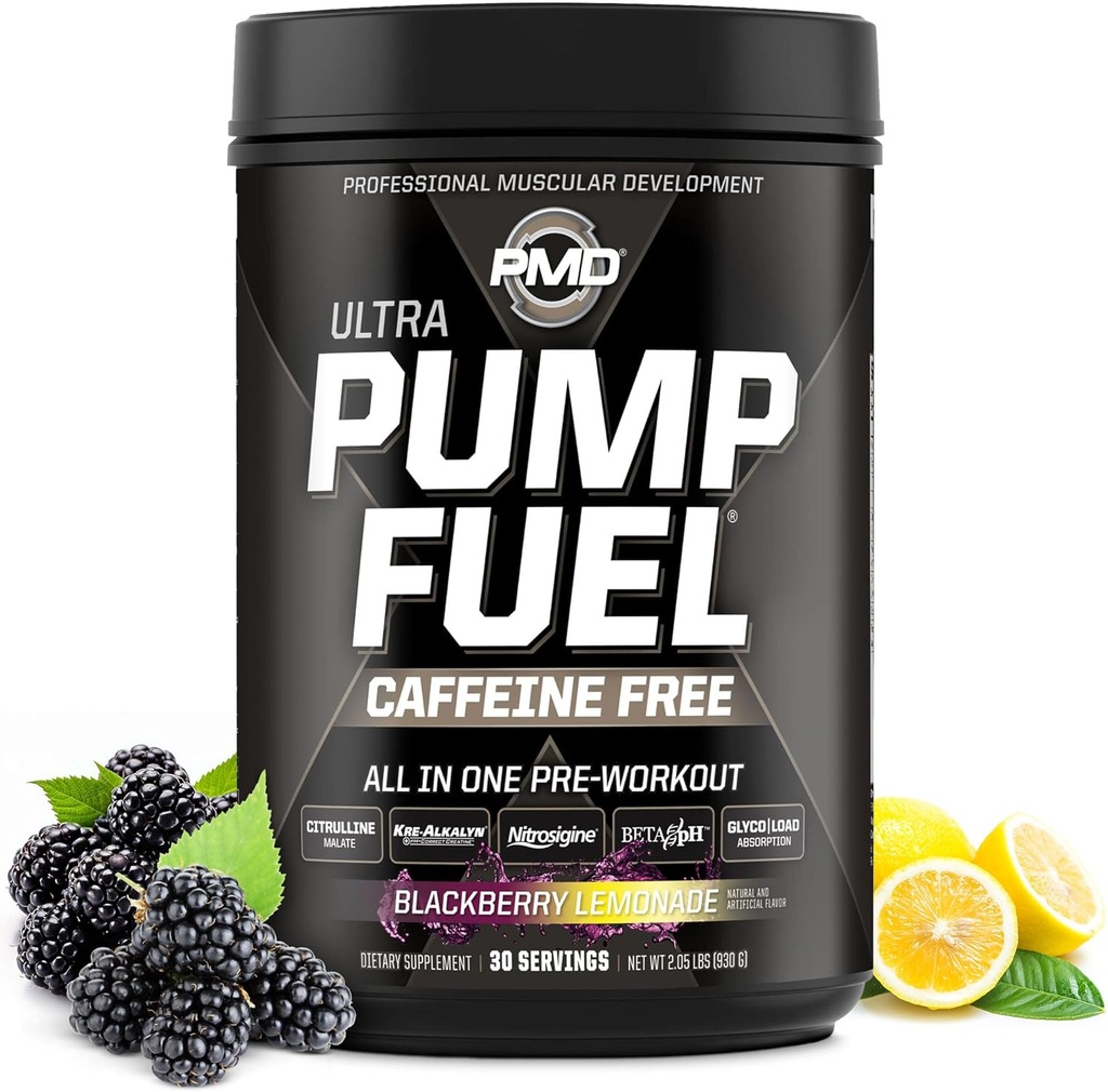 PMD Sports Pump Fuel Ultra Caffeine Gratis - Premium Pre Workout Powder &amp; Muscle Pump, Greater Focus, Endurance & Recovery, Premium Creatine, Arginine & Beta Alanine - BlackBerry Lemonade (30 Servings)