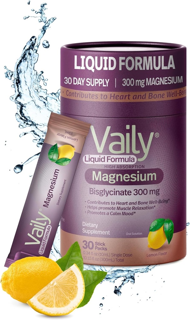 Suplemento de magnesio líquido de Vaily® 300 mg - Ausorción reforzada, Corazón &amp; Bone Health - Ayuda a dormir tranquilo descanso - Magnesio líquido Bisglycinate para adultos - sabor limón,30PK